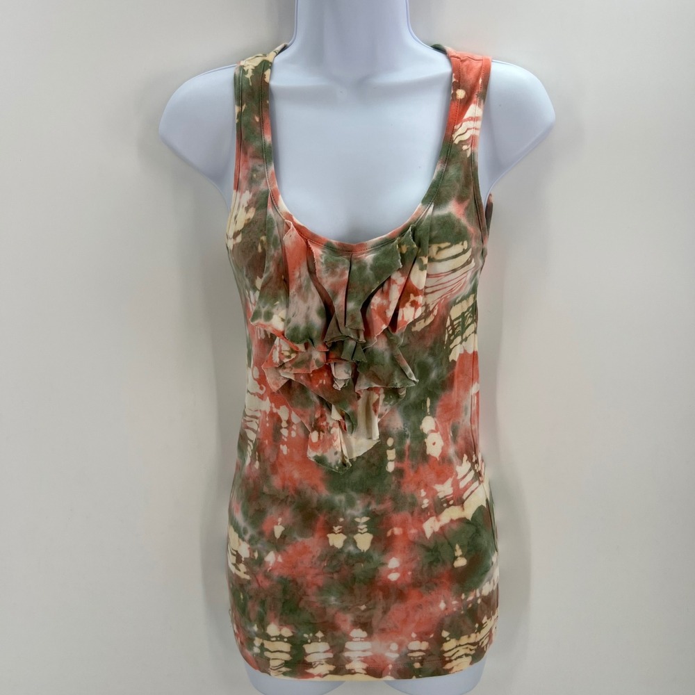 XCVI Womens Tie Dye Ruffle Front Tank Top Medium Terracotta Olive Supima Cotton